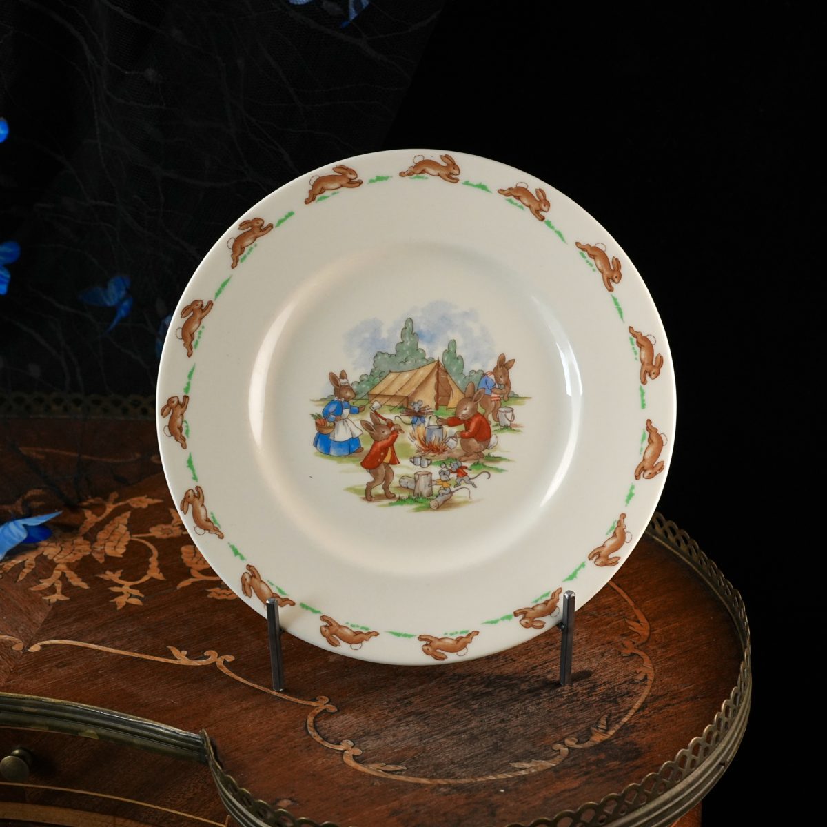 Vintage Royal Doulton Bunnykins Camping Scene Plate – Tent Campfire Cookout, Running Rabbit Border, English Bone China Nursery Ware 1960s