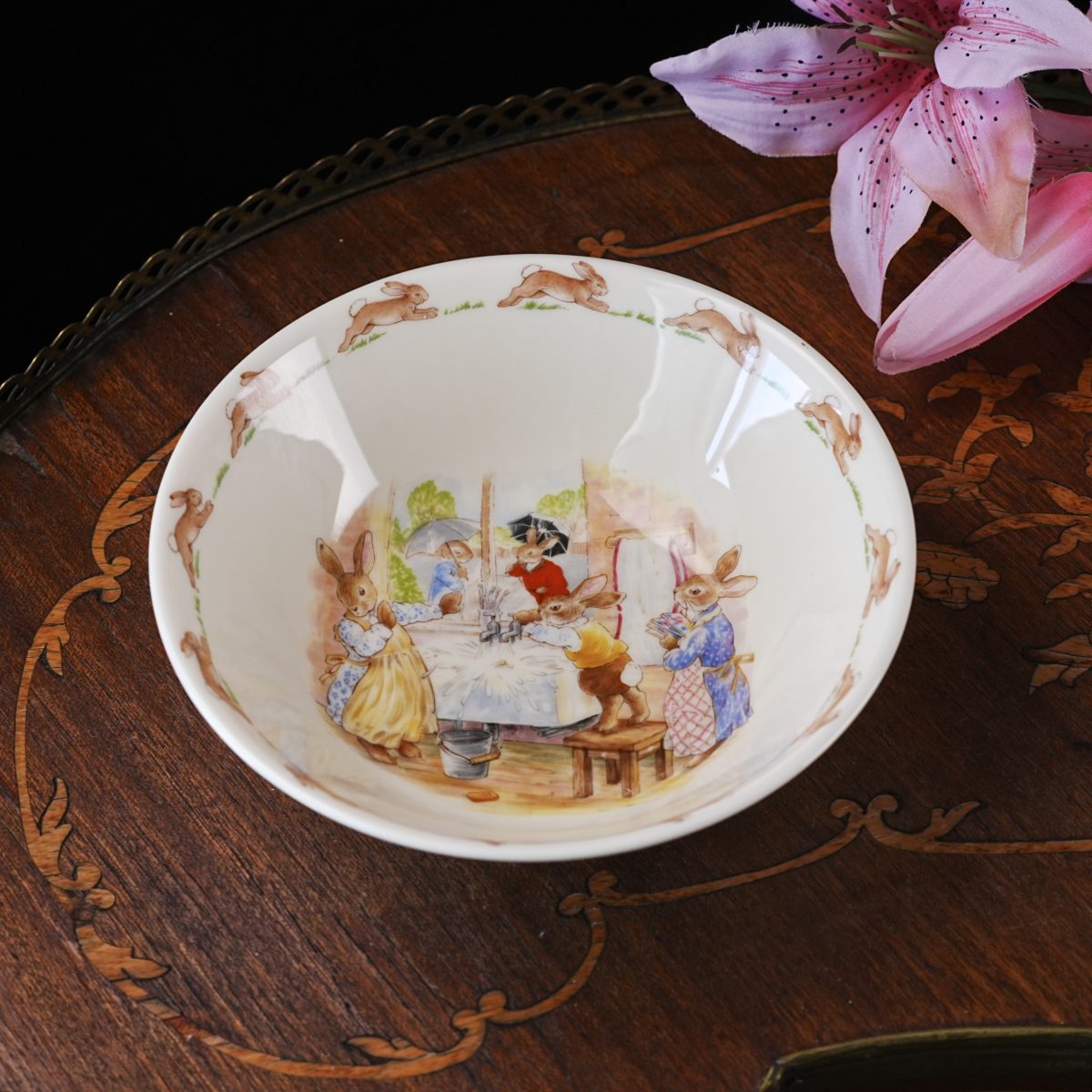 Vintage Royal Doulton Bunnykins Cereal Bowl – Bunny Wash Day Splash Scene, Running Rabbits Border, English Fine Bone China, Nursery 1980s