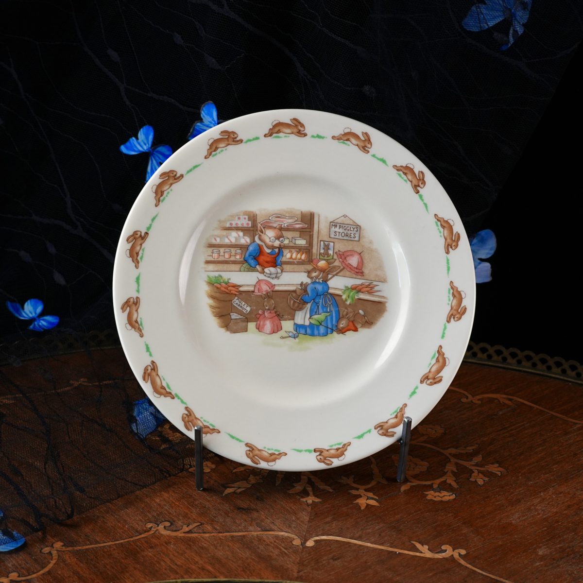 Vintage Royal Doulton Bunnykins Child's Plate – Mr Piggly's Stores Shop Scene, Running Rabbit Border, English Bone China Nursery Ware 1960s