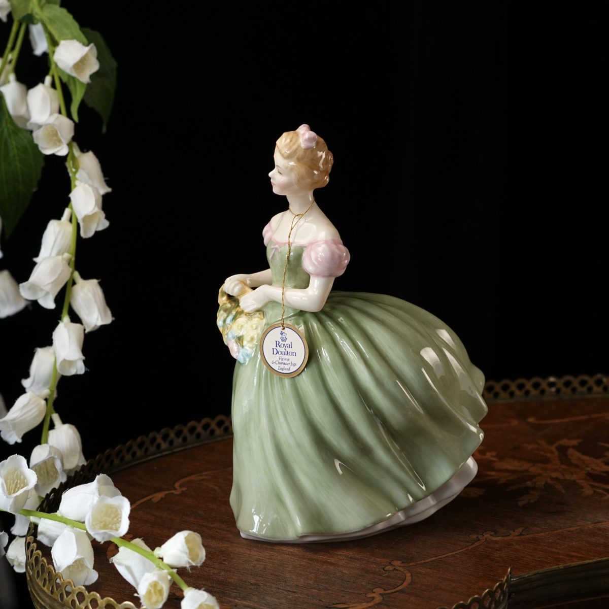 Vintage Royal Doulton Clarissa HN 2345 Figurine – Sage Green Ball Gown, Pink Puff Sleeves, Margaret Davies, Original Tag, England 1970s