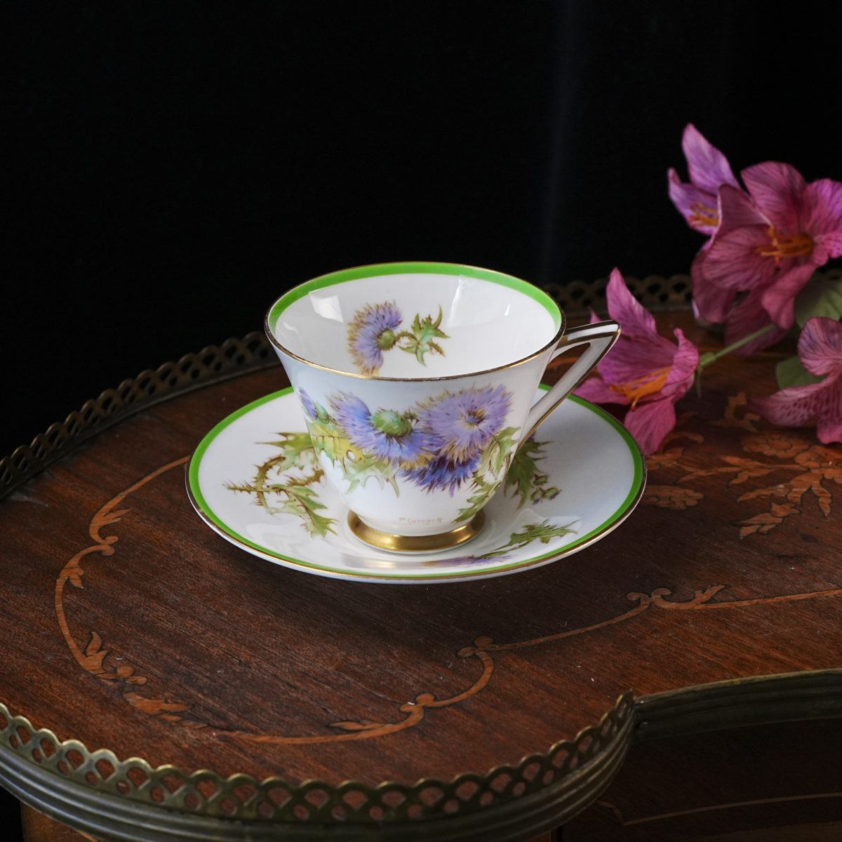 Vintage Royal Doulton Glamis Thistle Teacup & Saucer – Signed Curnock, Hand Coloured Bloom, Green Band, Gold Trim, Bone China, England 1938
