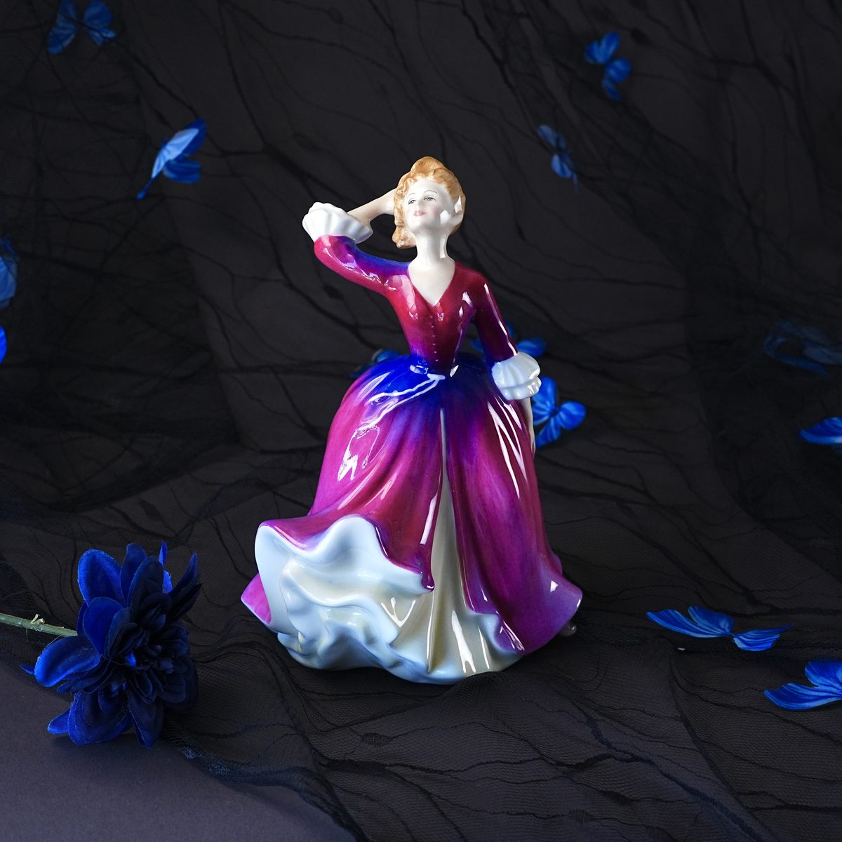 Vintage Royal Doulton Melissa HN 2467 Figurine – Designed Peggy Davies, Magenta Dress Windswept Pose, Retired, Bone China, England 1980s