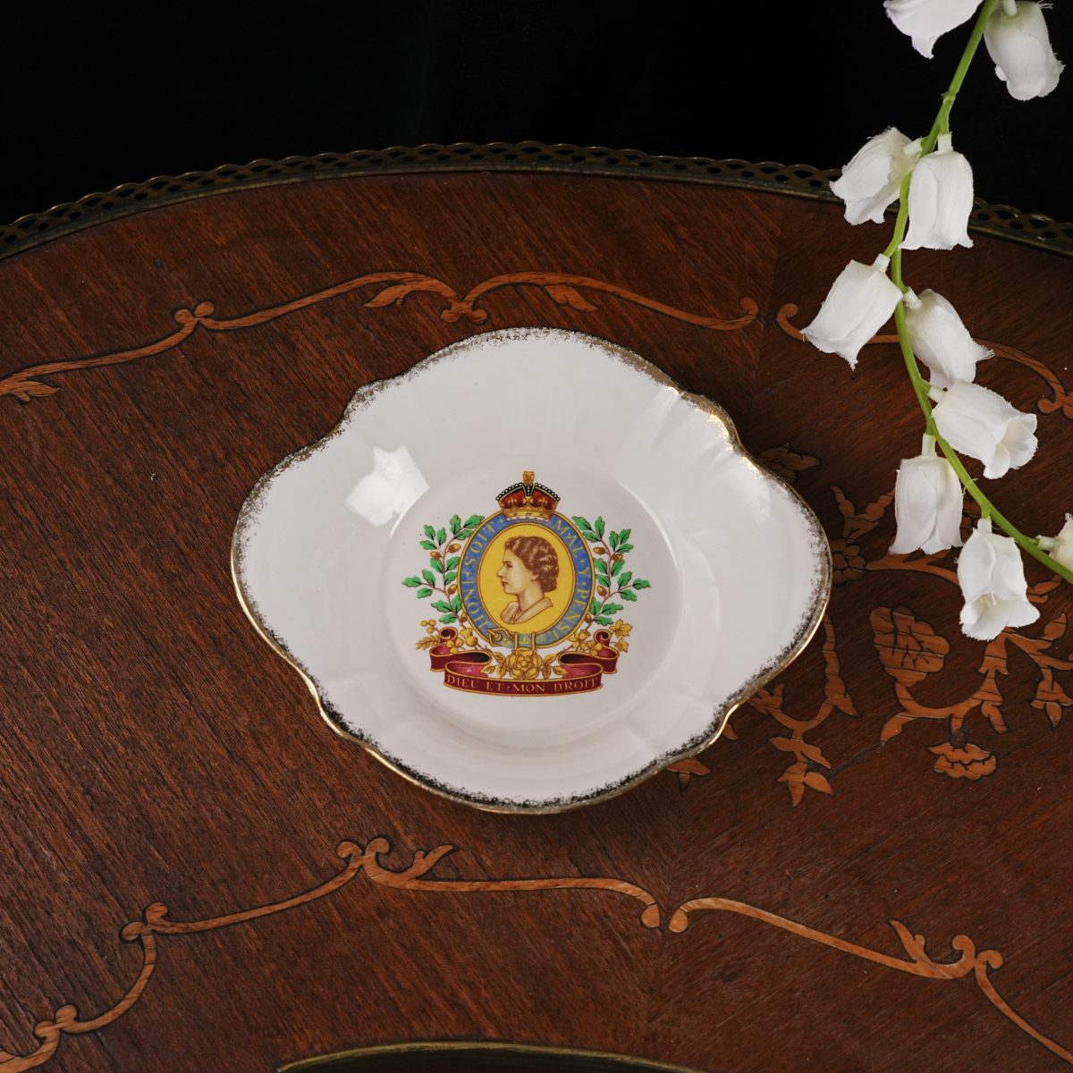 Vintage Queen Elizabeth II Coronation Sweet Dish – Royal Harvey Gibson Sons, Colour Portrait, Oak Sprigs, Quatrefoil Shape, England 1953