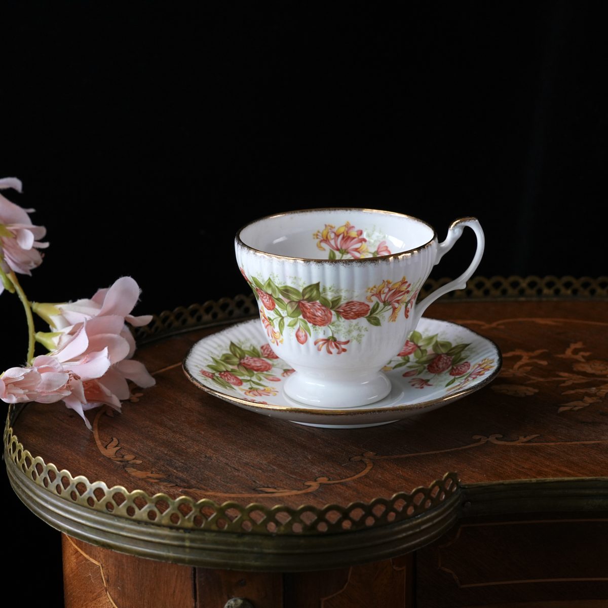 Vintage Royal Minster Honeysuckle and Clover Teacup and Saucer – Ribbed Fluted Cup, Coral Wild Flowers, Gold Trim, Bone China, England 1980s
