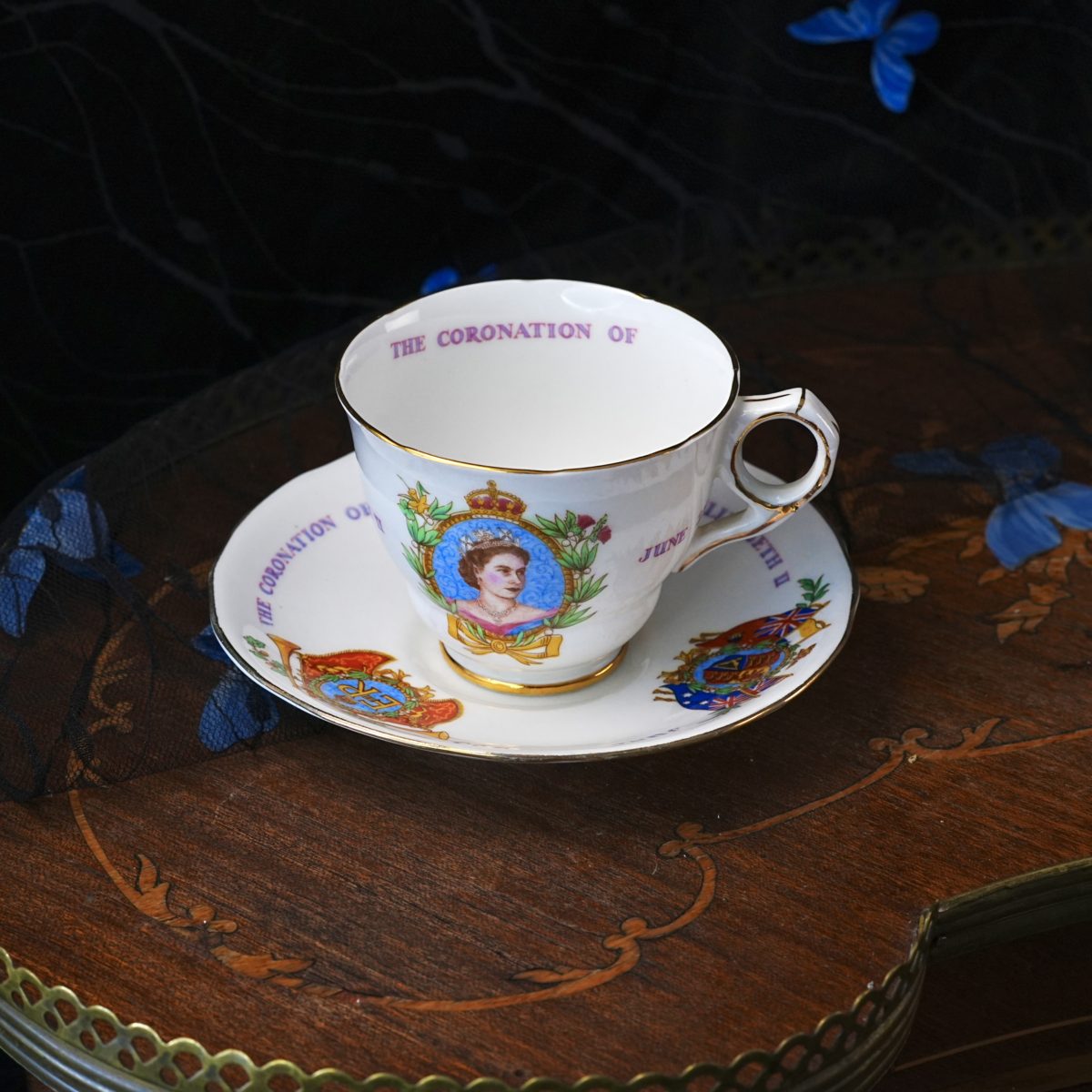 Vintage Royal Stafford Queen Elizabeth II Coronation Teacup Saucer – Full Colour Wreath Portrait, Commonwealth Shields, Bone China 1953
