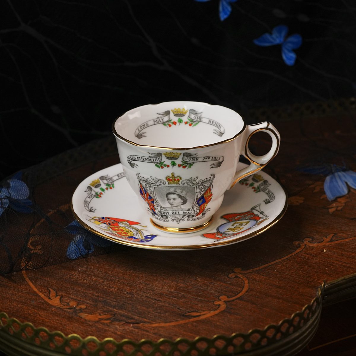 Vintage Royal Stafford Coronation Teacup Saucer Queen Elizabeth II – Long May She Reign Banner, Flags, Trumpets, First Year Of Mark 1953