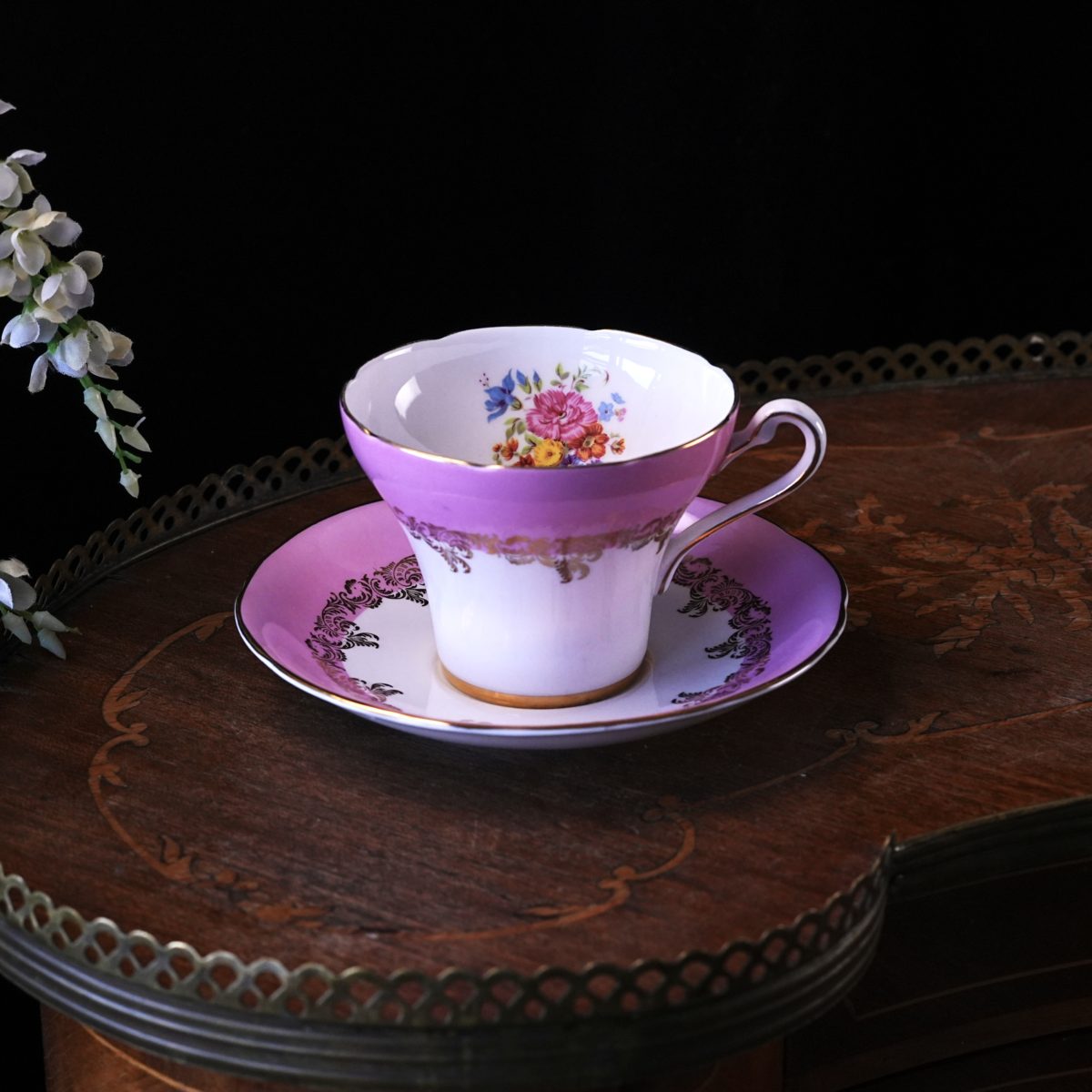 Vintage Royal Stafford Pink Lilac Teacup and Saucer – Floral Bouquet, Gold Baroque Scrollwork, Scalloped Rim, Bone China, England 1950s