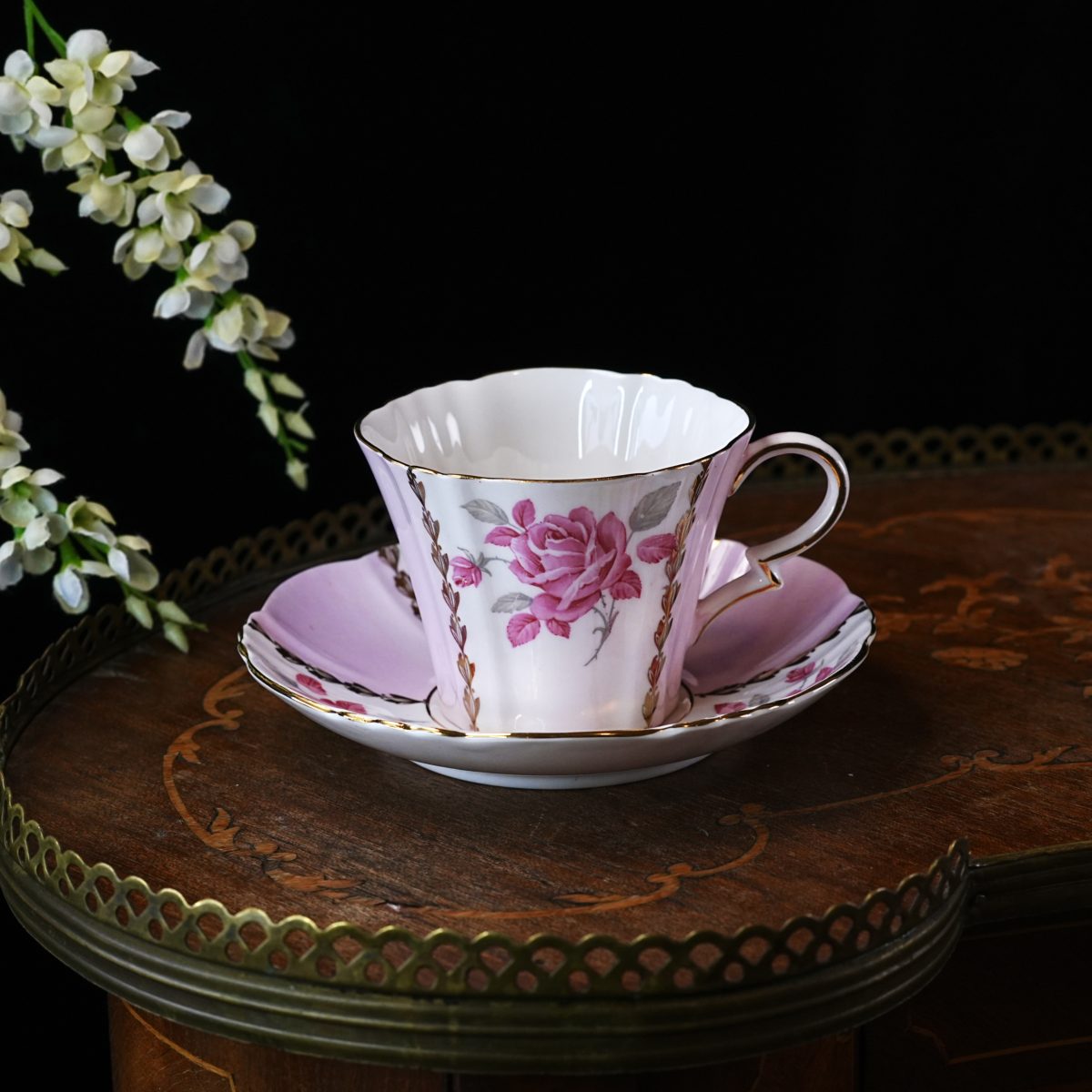 Vintage Royal Standard Margaret Rose Teacup and Saucer – Pink Rose, Lavender Panels, Gold Leaf Vine, Fluted Bone China, England 1950s
