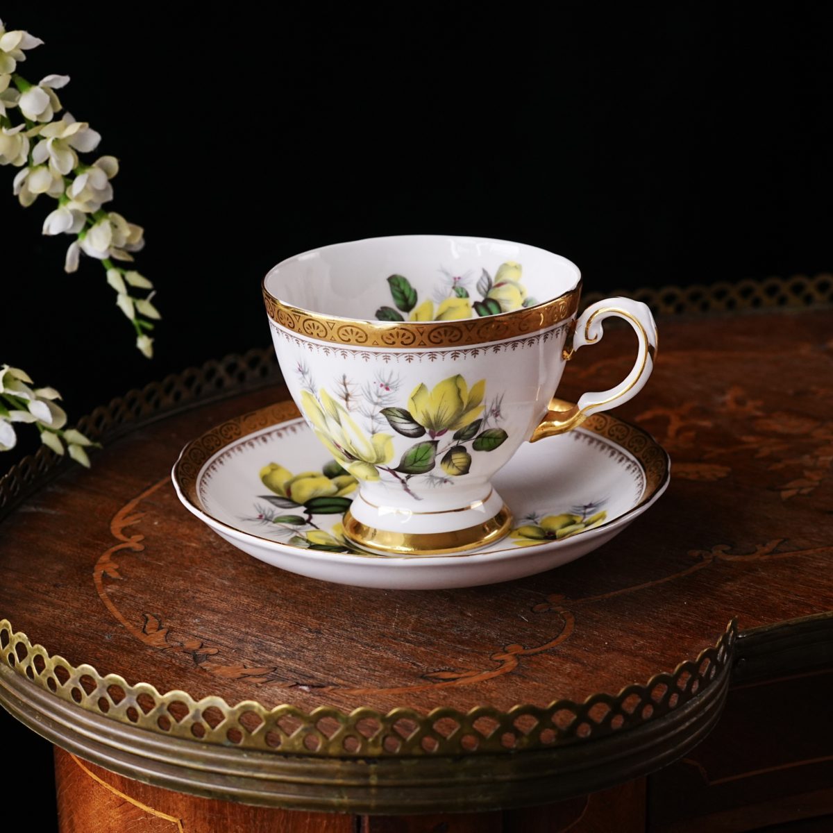 Vintage Royal Tuscan Yellow Magnolia Teacup and Saucer – Gold Palmette Band, Fine Bone China, Botanical Pine, Pattern D2962, England 1950s