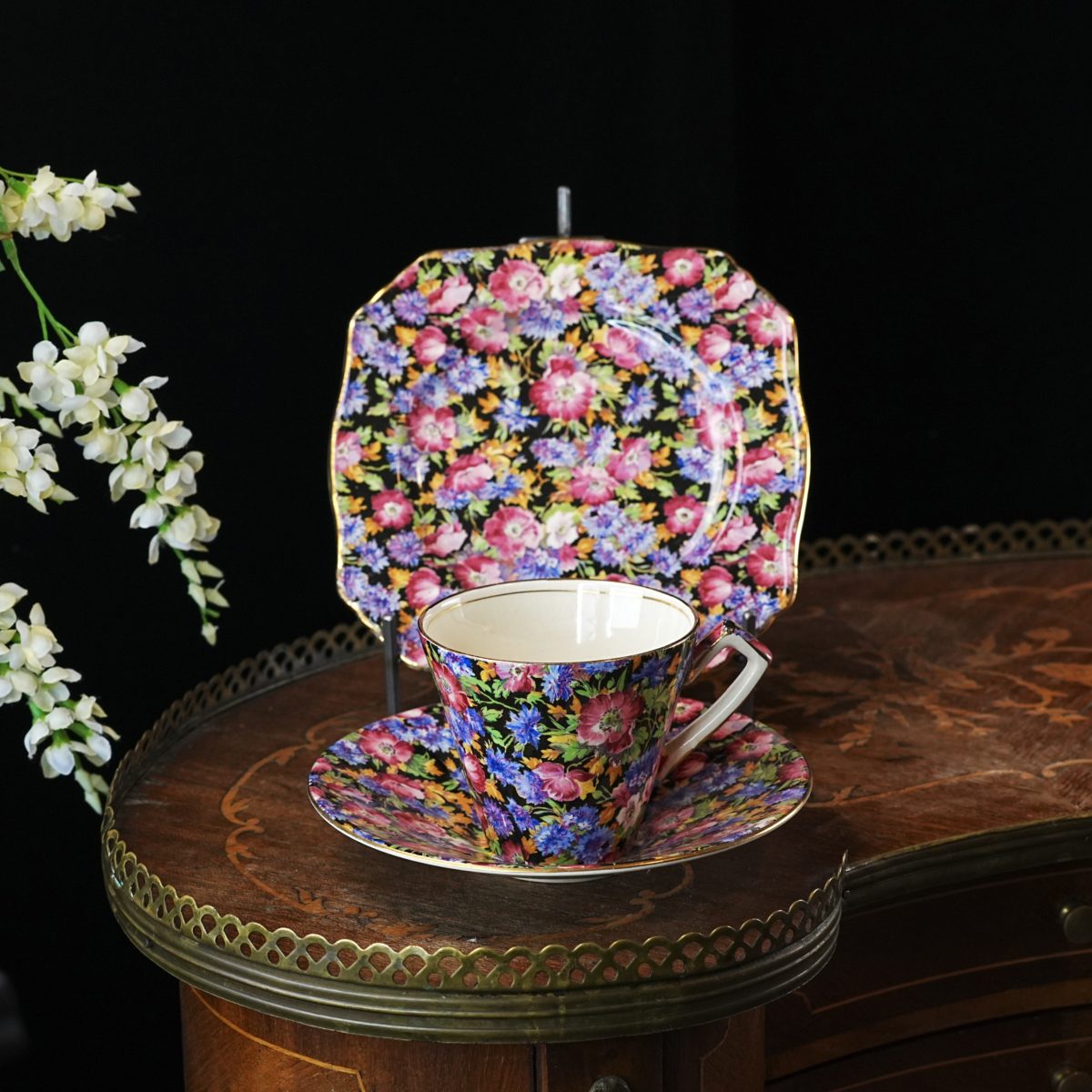 Vintage Royal Winton Majestic Chintz Tea Trio – Black Ground, Cup Saucer and Square Plate, Grimwades, England 1930s–1940s