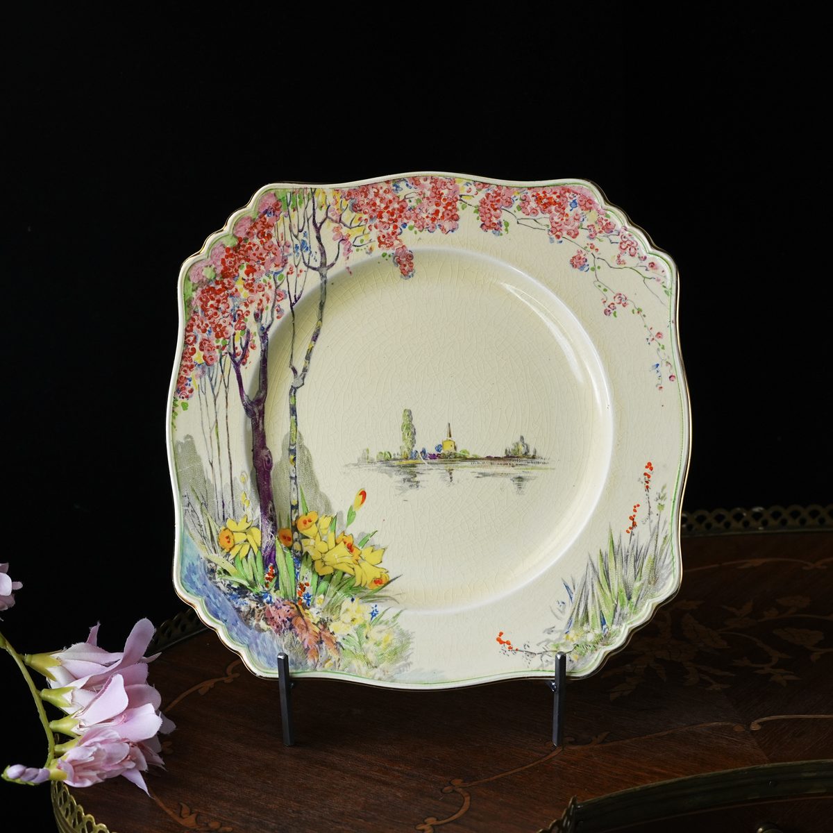 Vintage Royal Winton Grimwades Spring Landscape Square Plate – Cherry Blossoms, Daffodils, Lake Scene, Art Deco Shape, Cream Ware, England 1930s