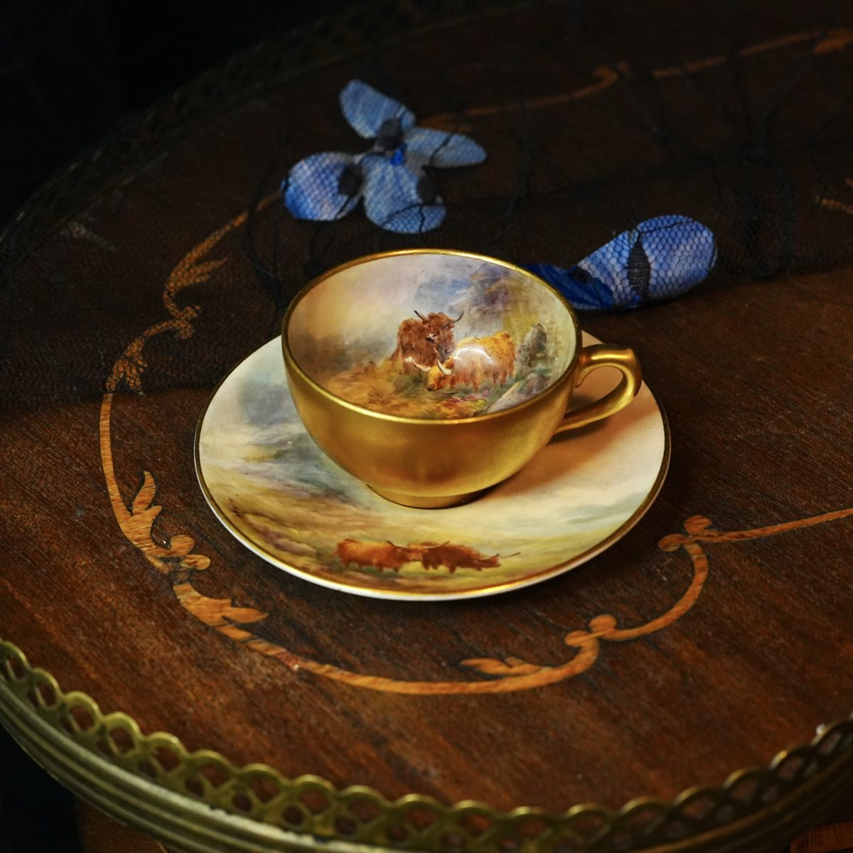 Antique Royal Worcester Highland Cattle Coffee Cup Saucer – Signed H Stinton, Fully Gilded Interior, Hand Painted Scottish Scene, Dated 1918