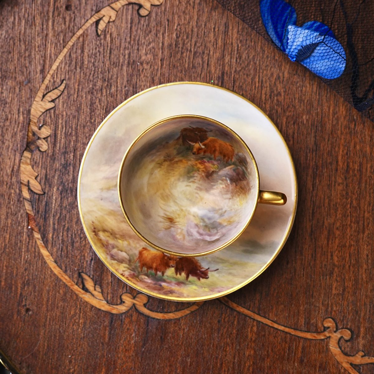Antique Royal Worcester Highland Cattle Coffee Cup Saucer photo 4
