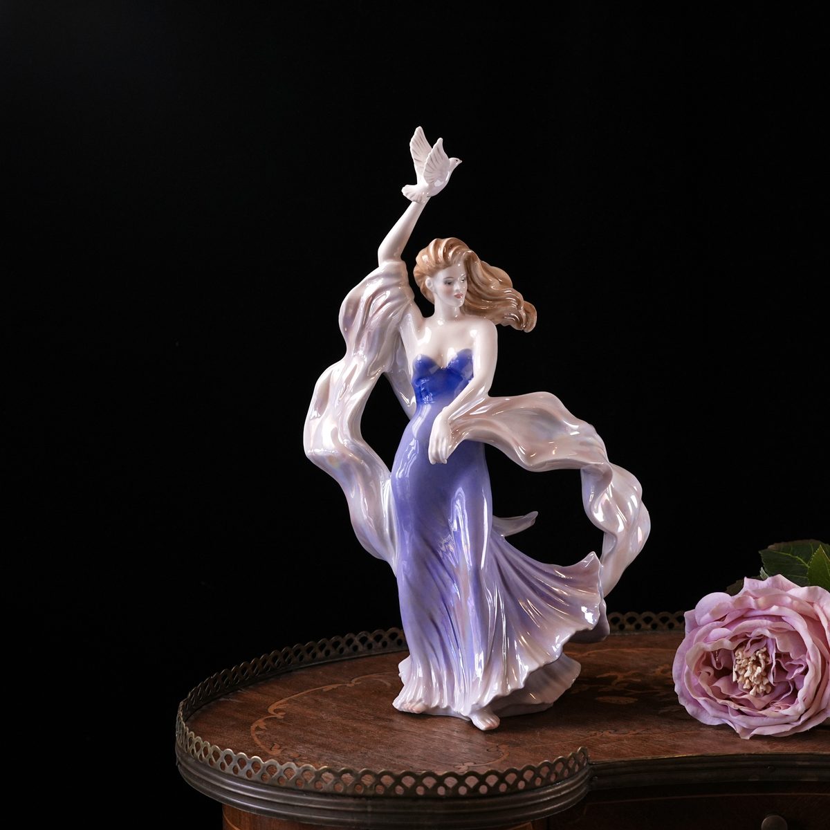 Vintage Royal Worcester "Mistral" Figurine – Forces of Creation, Lady with Dove, Iridescent Lustre Glaze, Fine Porcelain, England 1997