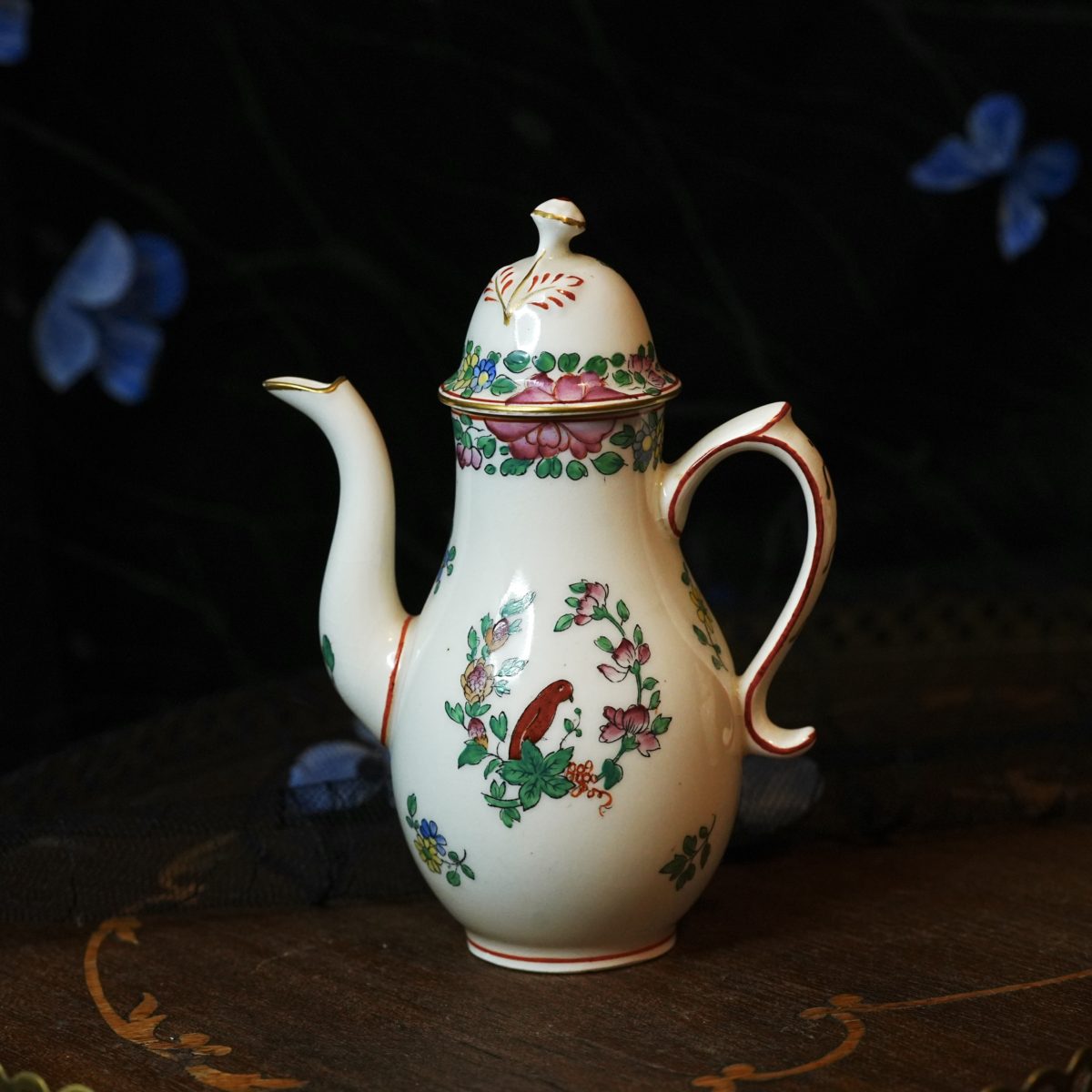 Antique Royal Worcester Parrot Miniature Coffee Pot And Teapot Pair – Hand Coloured Bird, Circa 1760 Design, Original Lids, Registered 1913