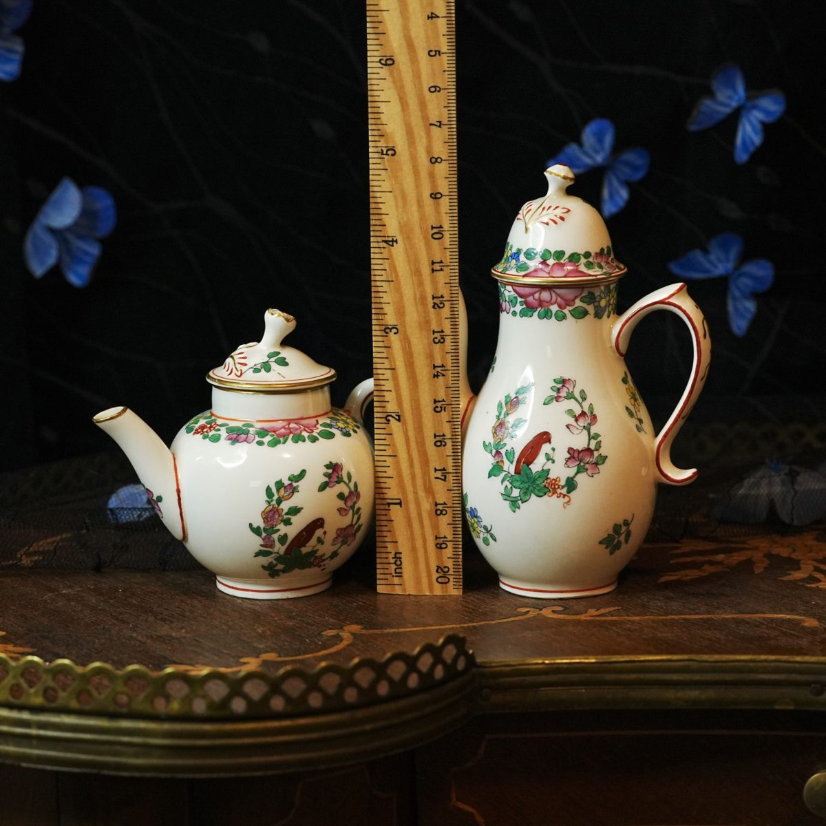 Antique Royal Worcester Parrot Miniature Coffee Pot And Teapot Pair photo 5