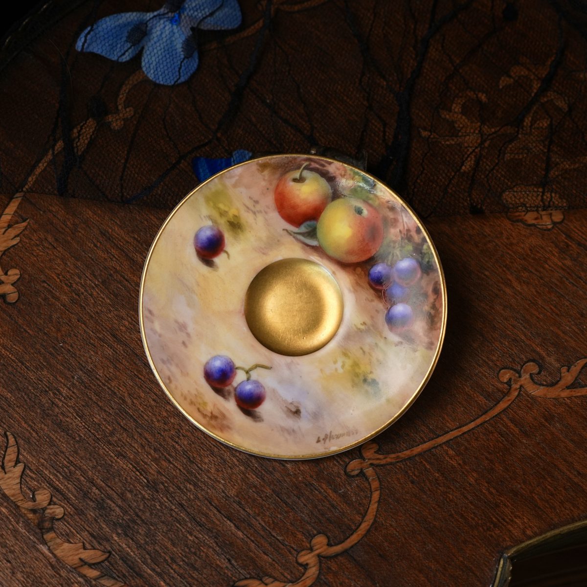 Antique Royal Worcester Painted Fruit Saucer Signed Flexman – Apples Plums, Gilded Well, Puce Mark Dated 1922, Small Cabinet Dish