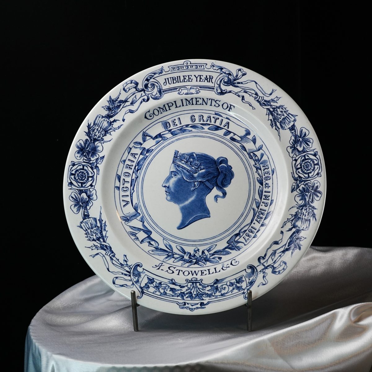 Antique Royal Worcester Queen Victoria Golden Jubilee Plate 1887 – Blue Transfer Portrait, A. Stowell & Co Boston, England