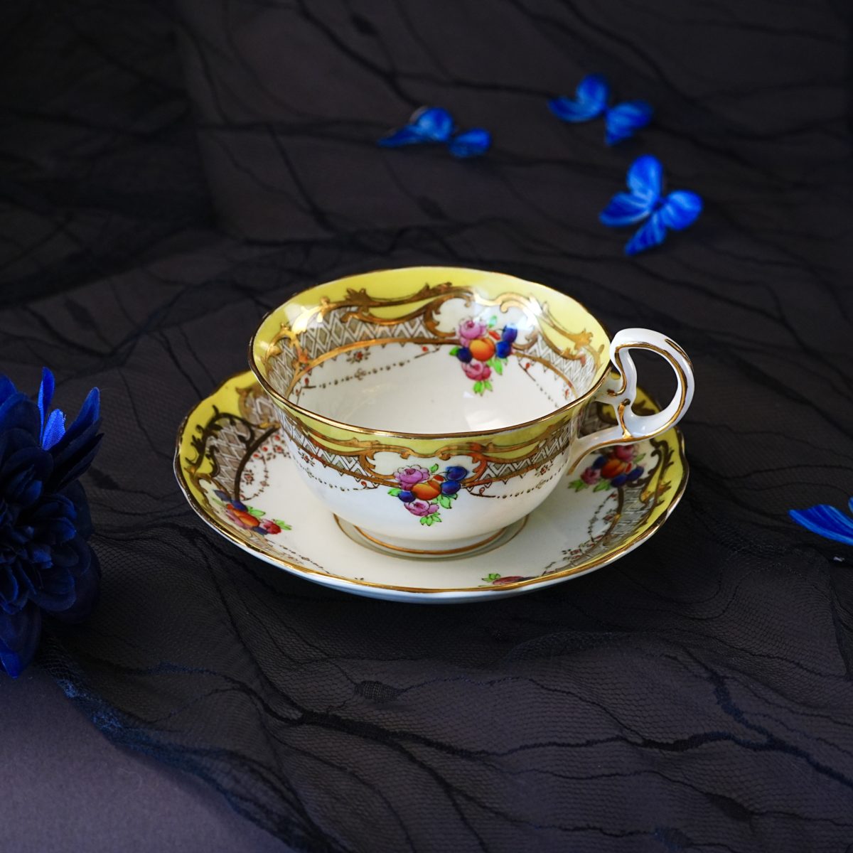Antique Samuel Radford Fenton Yellow Gold Chintz Teacup & Saucer – Cartouche Florals, Rococo Scrollwork, 4699, Bone China, England 1930s