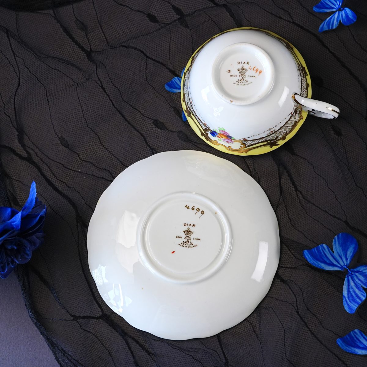 Maker's mark on the base of Antique Samuel Radford Fenton Yellow Gold Chintz Teacup & Saucer