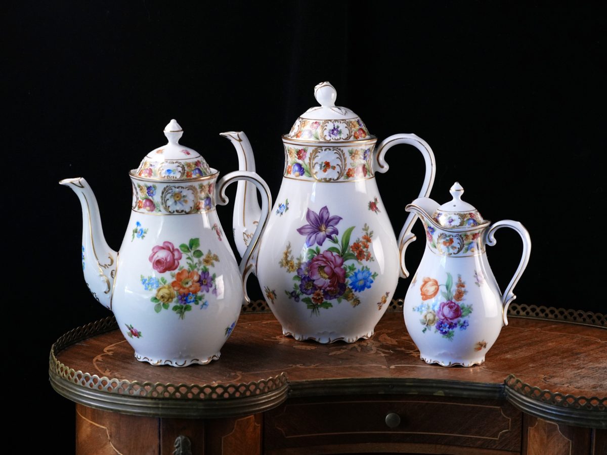 Antique Schumann Bavaria Dresdener Art Porcelain Service – Transfer Saxon Flower, Hand Gilt Cartouche, Coffee Tea Pot Chocolate or Creamer Choice, Germany 1920s