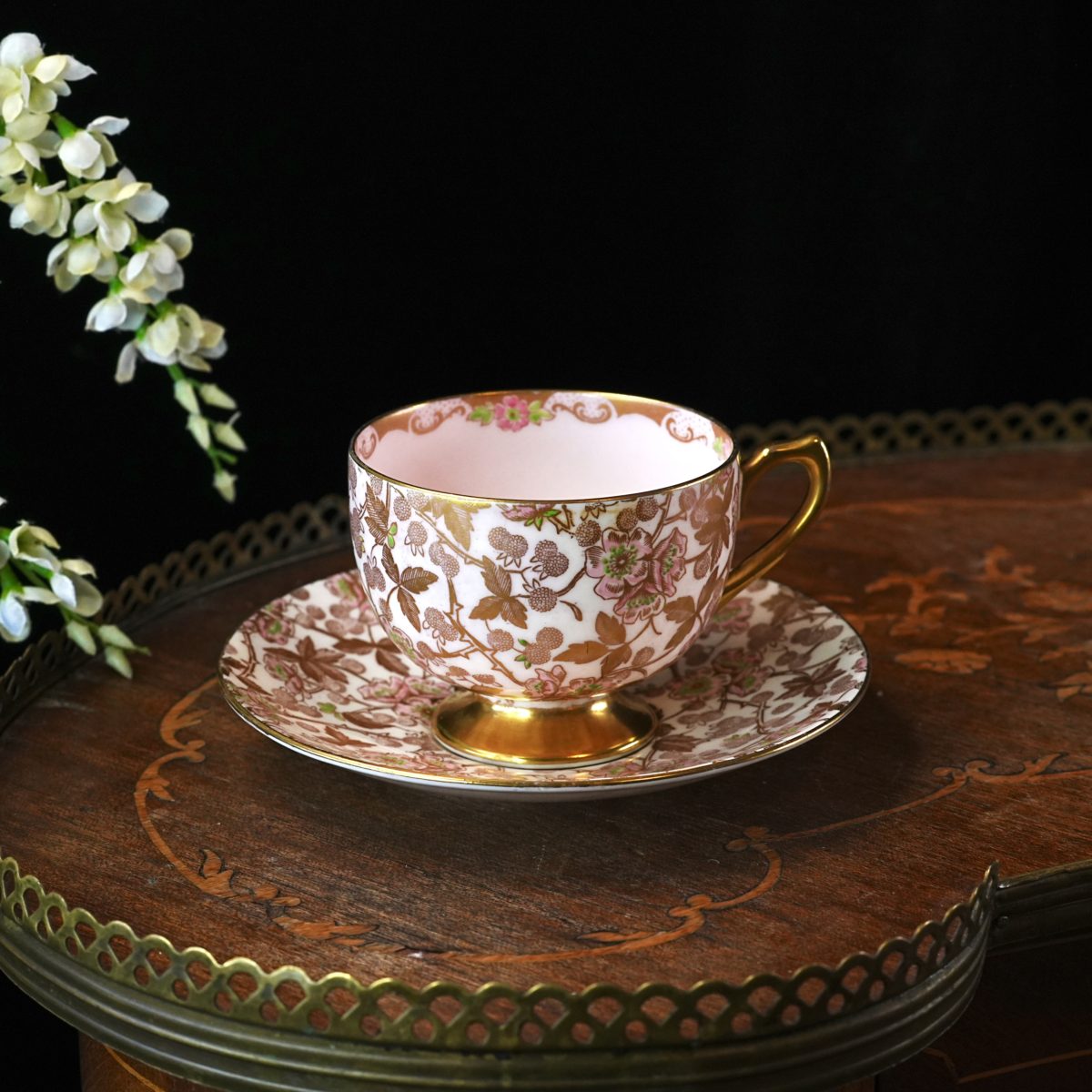 Vintage Shelley Bramble Chintz Teacup and Saucer – Gold Transfer, Pink Interior, Gilt Handle and Foot, Green Enamel, Bone China, England 1950s