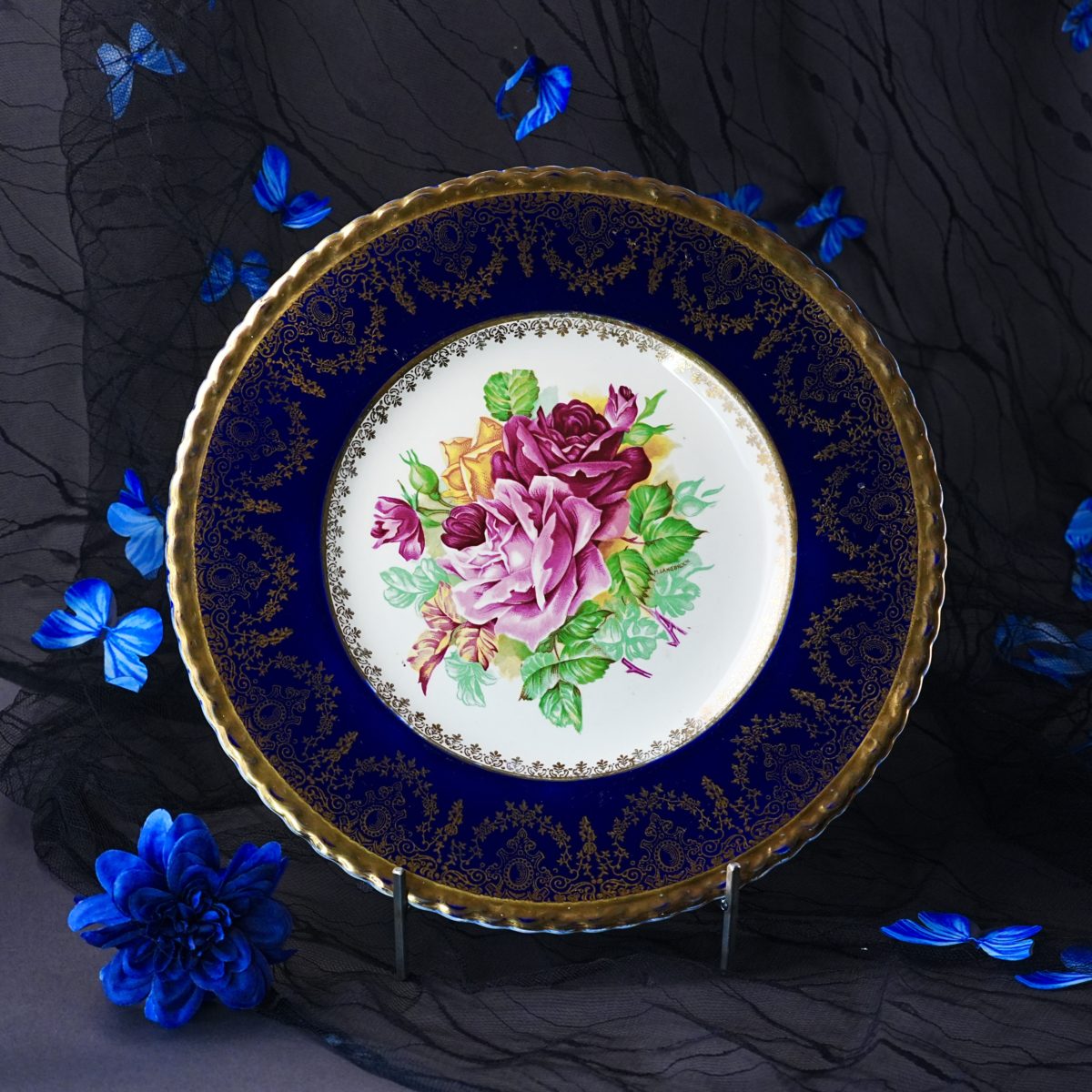 Antique T G Green Handcraft Cobalt Raised Gold Cabinet Plate – Hand-Painted Roses, Signed M. Langbrock, Church Gresley England 1940s