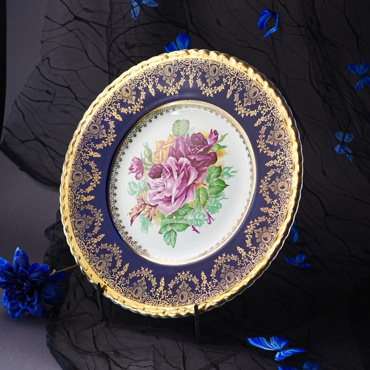 Antique T G Green Handcraft Cobalt Raised Gold Cabinet Plate photo 2