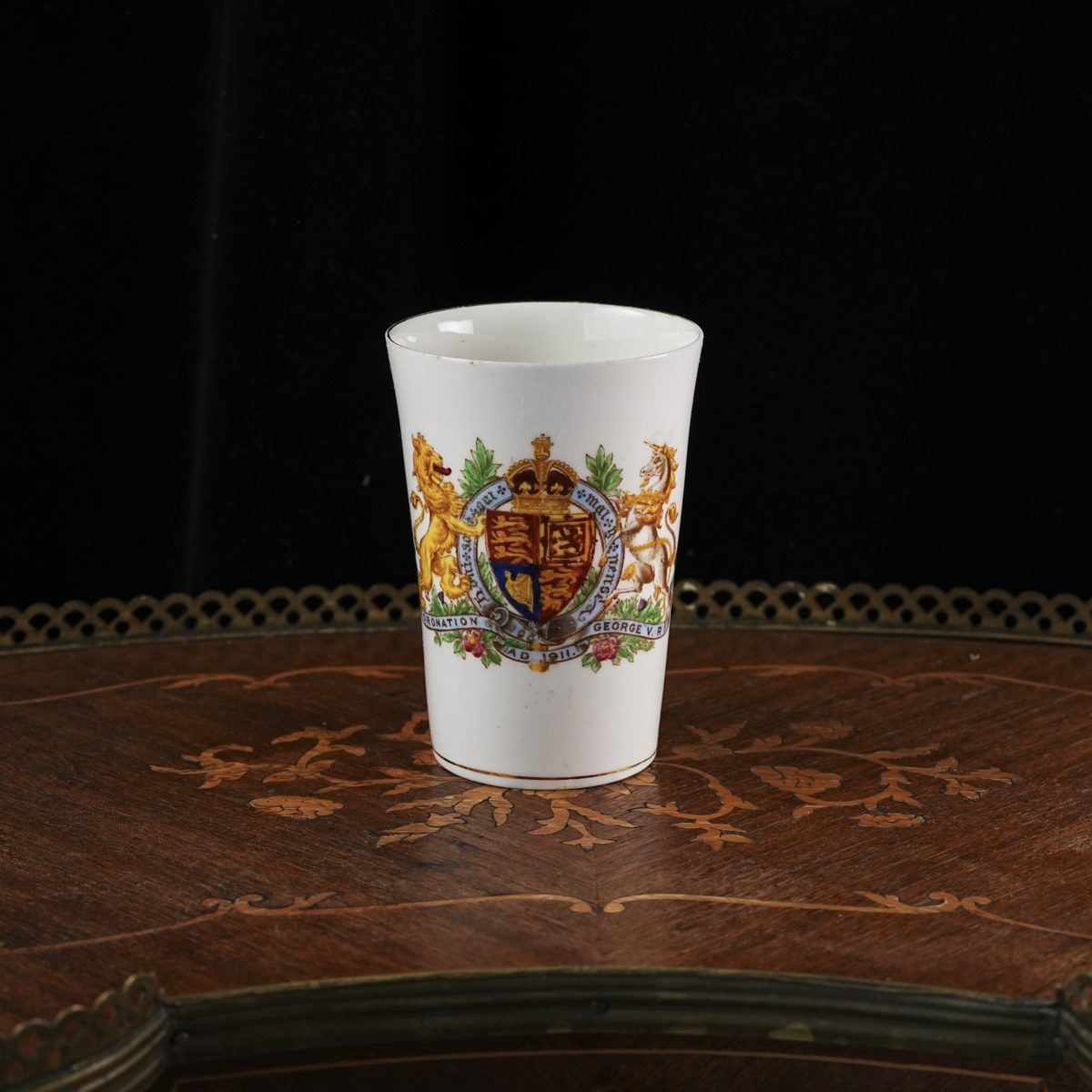 Antique King George V Coronation Beaker – Thomas Morris Regent China, Royal Coat of Arms, Hand Tinted Rose Thistle Shamrock, England 1911