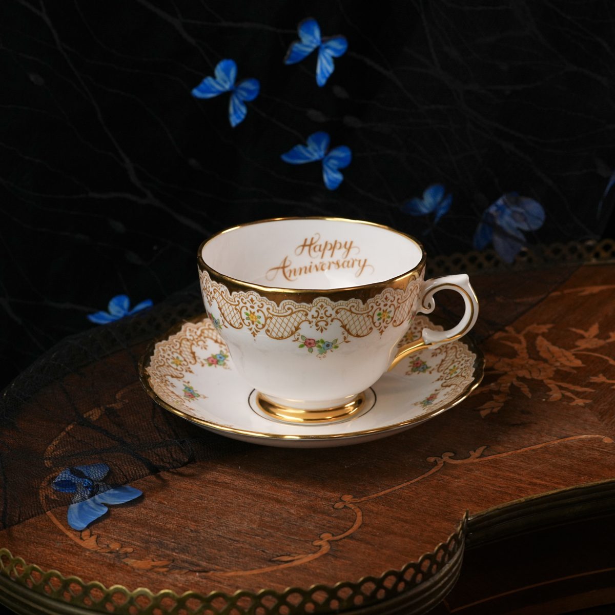 Vintage Tuscan Happy Anniversary Teacup Saucer – Gold Script Inside Cup, Gilt Lace Border, Hand Painted Flowers, Bone China England 1950s