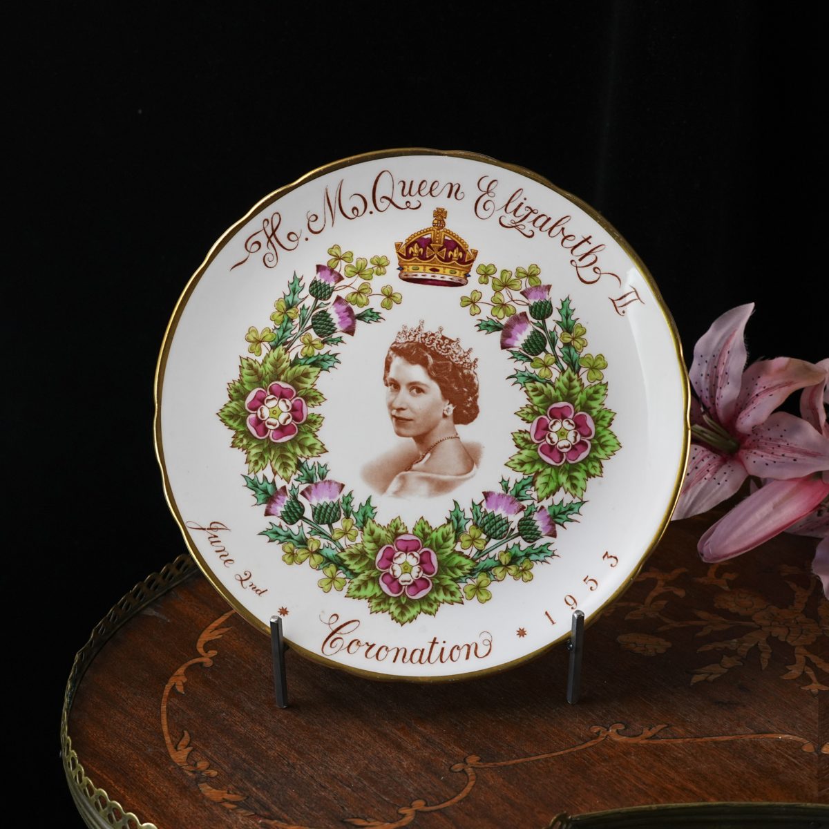 Vintage Tuscan Bone China Queen Elizabeth II Coronation Plate – Sepia Photo Portrait, Rose Thistle Shamrock Wreath, England June 1953