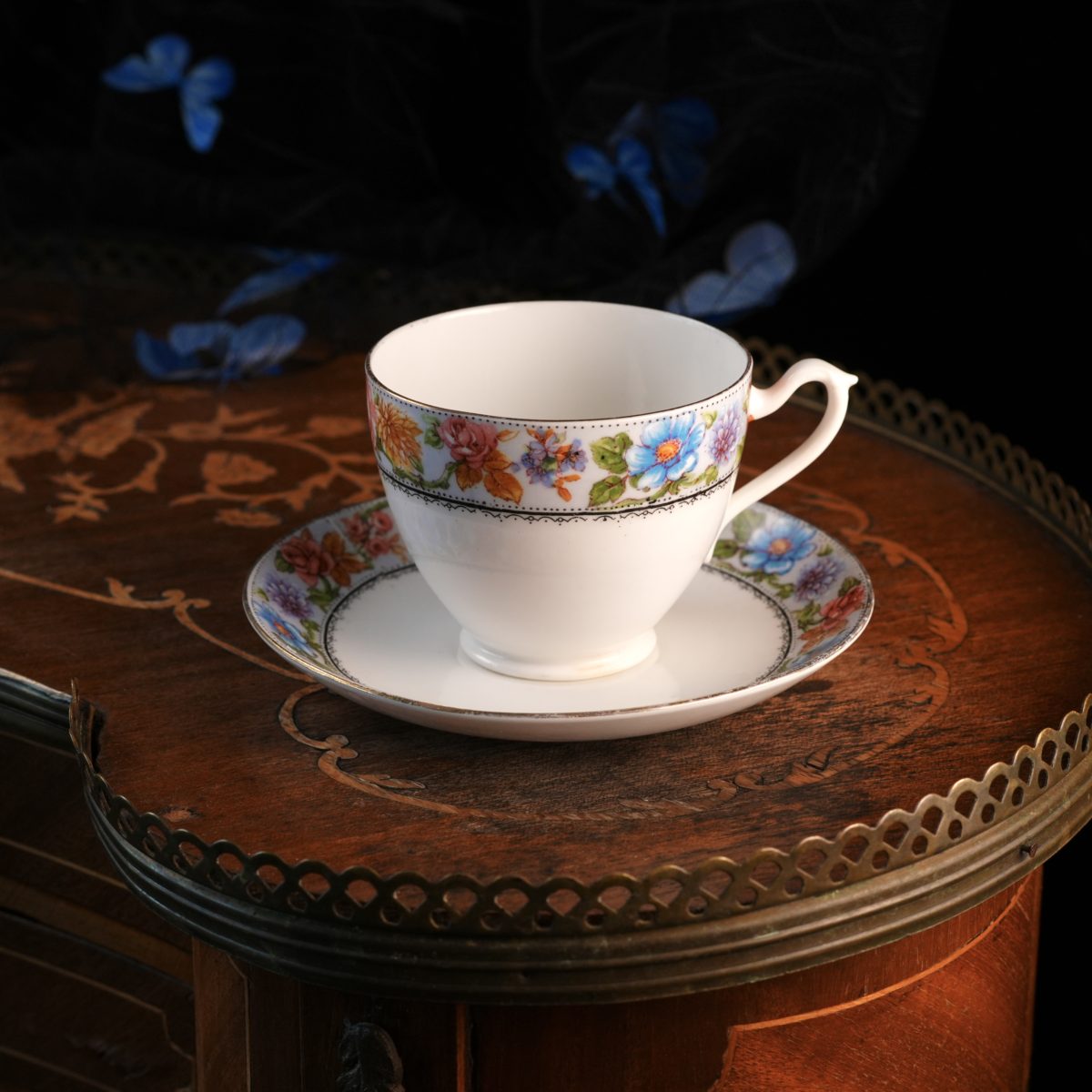 Vintage English Floral Band Teacup And Saucer – Pink Roses Blue Blooms, Black Lace Edging, Gilt Rim, Original Pair, Made In England 1930s