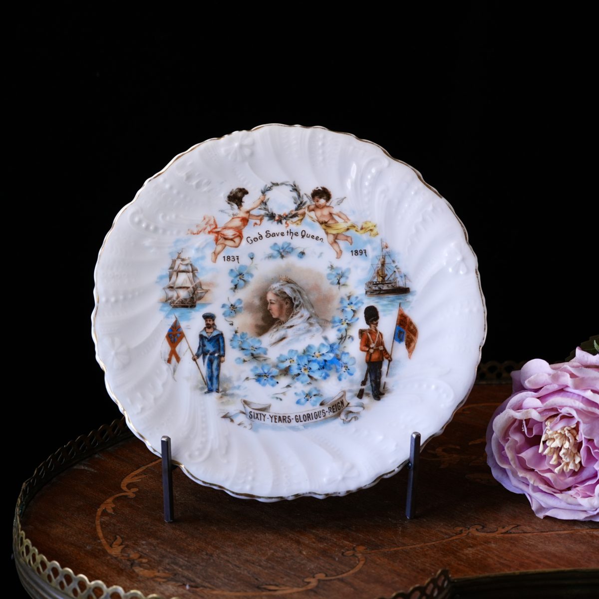 Antique Queen Victoria Diamond Jubilee Commemorative Plate – Sixty Years Glorious Reign, Scalloped Fluted Rim, Gilt Trim, England 1897