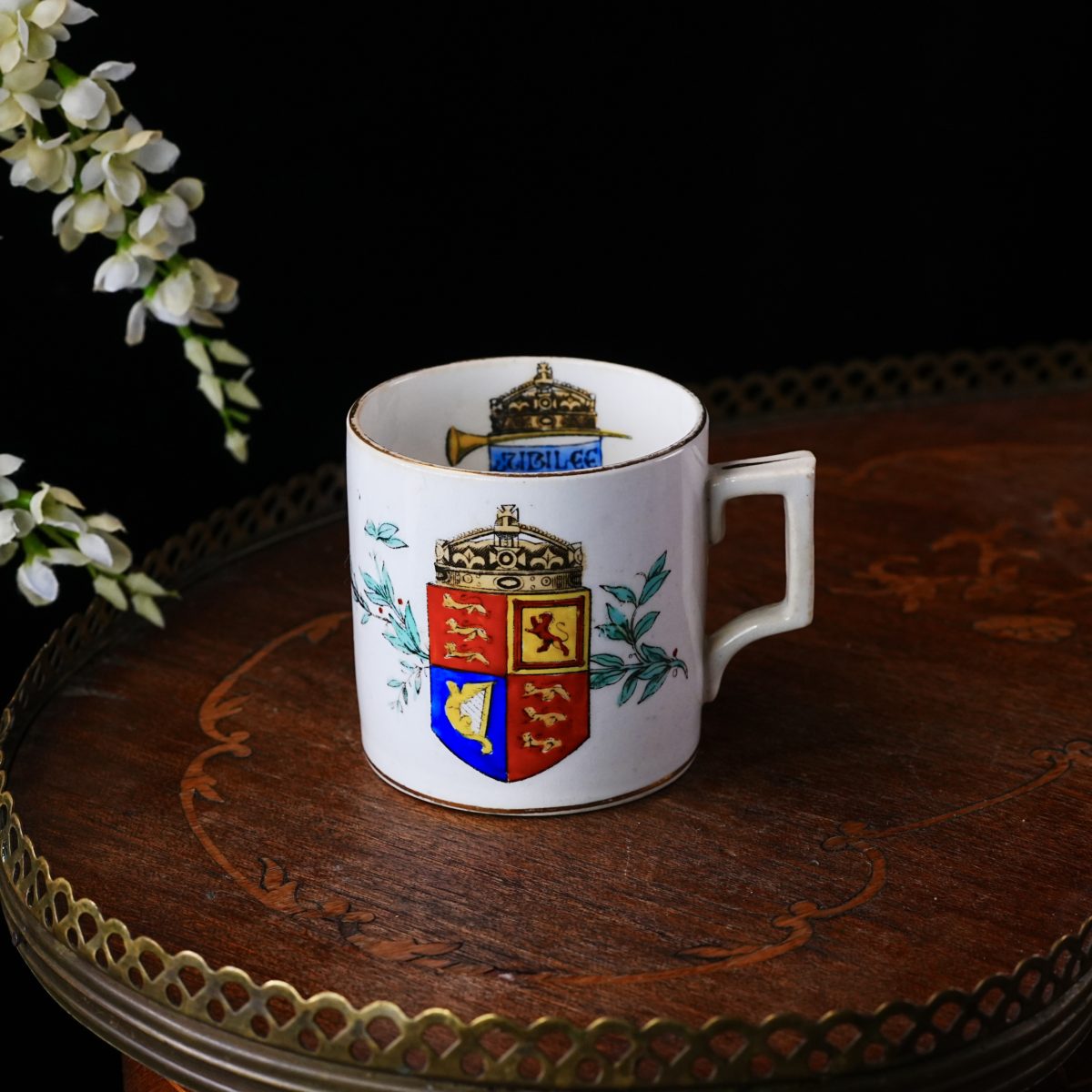 Antique Queen Victoria Golden Jubilee Mug 1887 – Royal Arms, Trumpet Banner, Teal Leaf Vine, Square Handle, Victorian Earthenware England