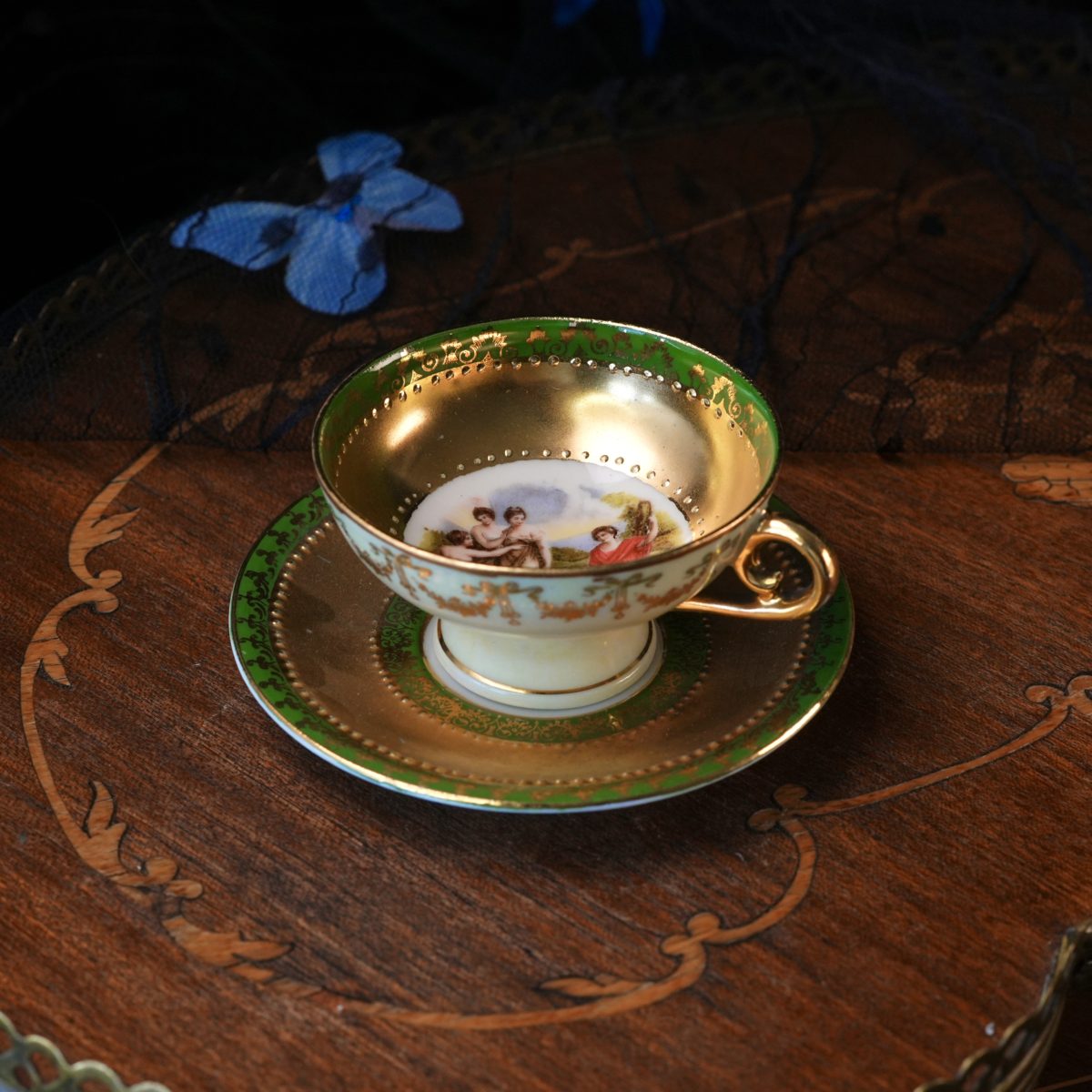 Vienna Style Demitasse Cup And Saucer – Apple Green Ground, Gilded Interior, Classical Figures, Beaded Gold, Unmarked Cabinet Piece