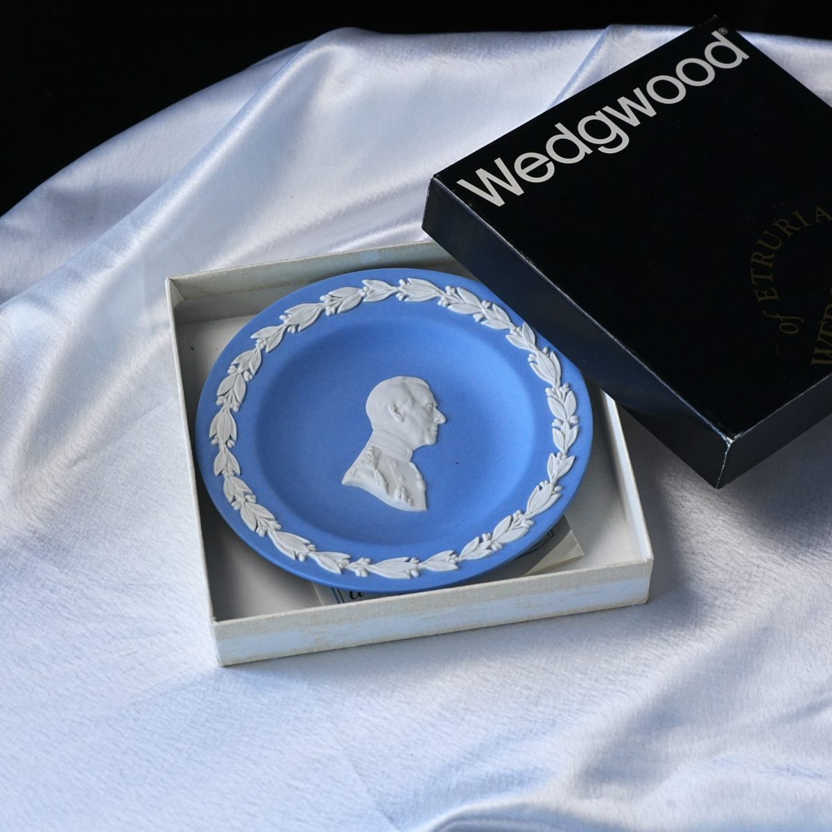 Vintage Wedgwood Pale Blue Jasperware Royal Portrait Plate – HRH Prince Philip, Laurel Wreath Border, Etruria Gift Box, England 1980s
