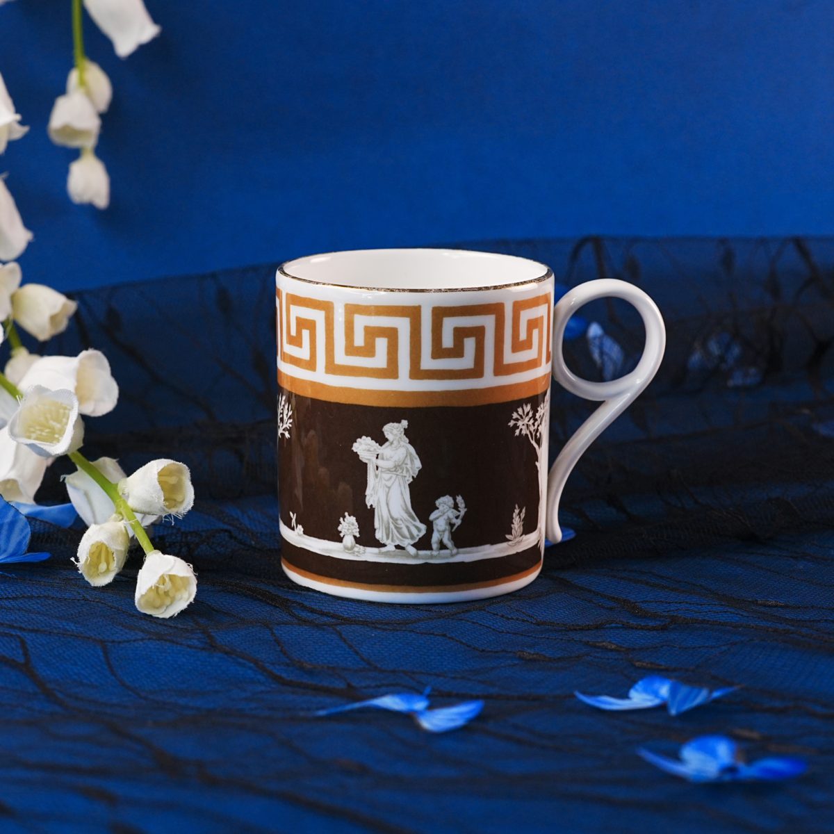 Vintage Wedgwood Neoclassical Mug – Brown Jasperware-Style Transfer, Greek Key Gold Band, Classical Figures, Bone China, England 1980s