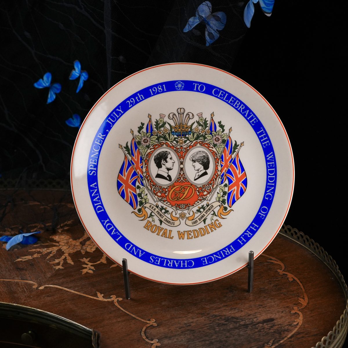 Vintage Wedgwood Royal Wedding Plate – Charles and Lady Diana Spencer Portraits, Union Flags, Four Floral Emblems, Made in England 1981