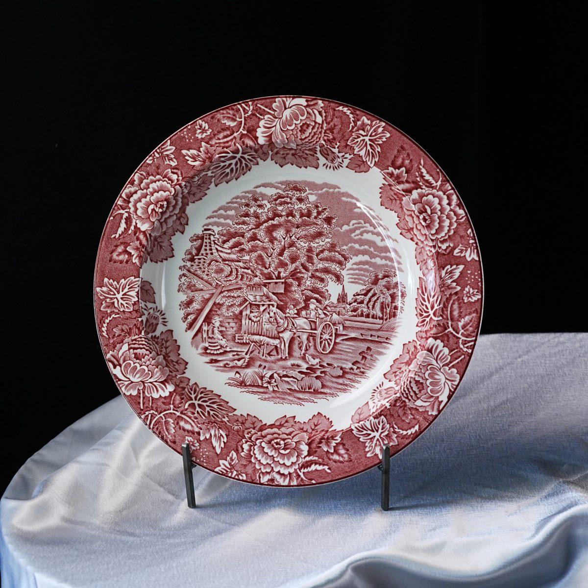 Vintage Wood & Sons English Scenery Pink Transferware Soup Bowl – Cabbage Rose Border, Stagecoach Pastoral Village Scene, England 1950s