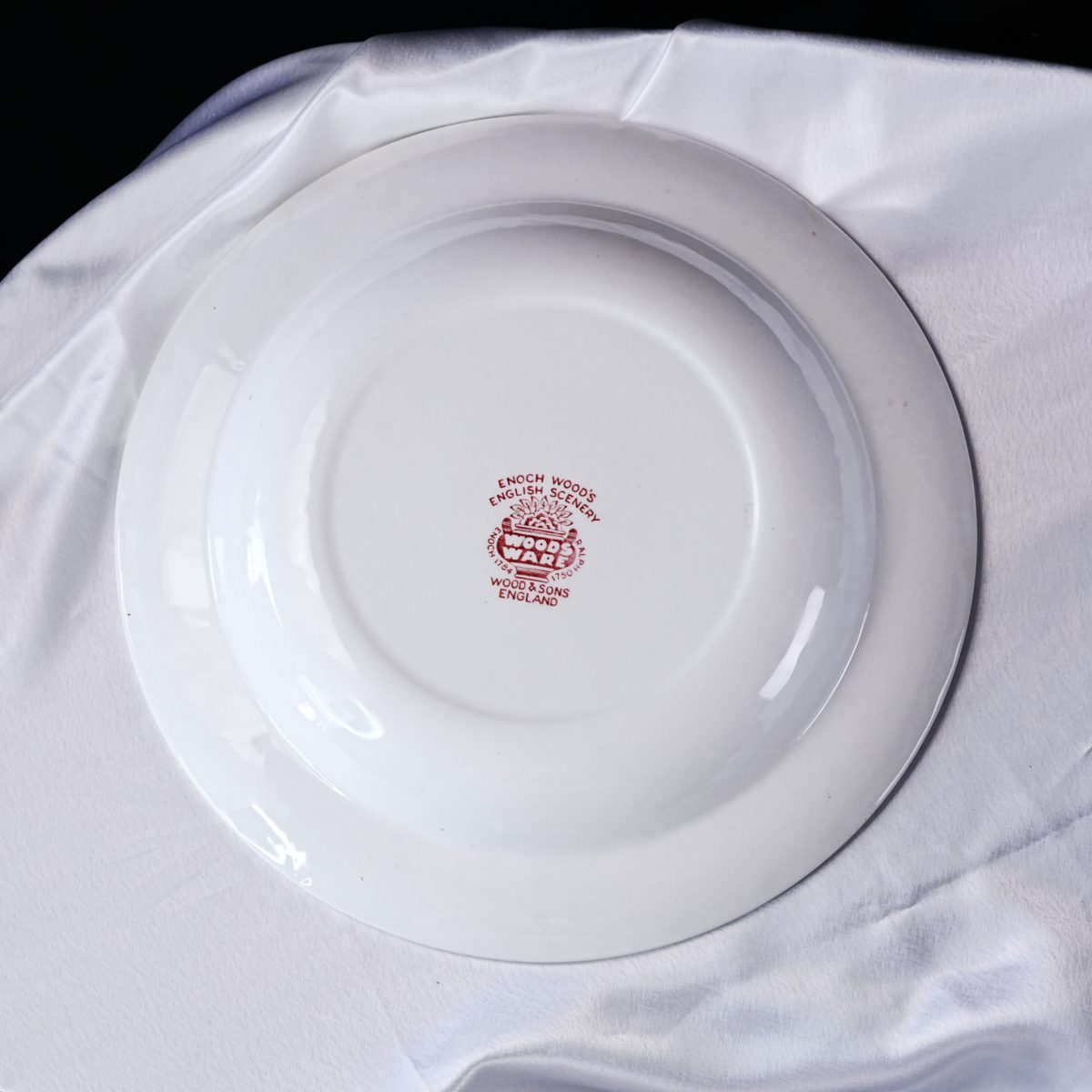 Maker's mark on the base of Vintage Wood & Sons English Scenery Pink Transferware Soup Bowl
